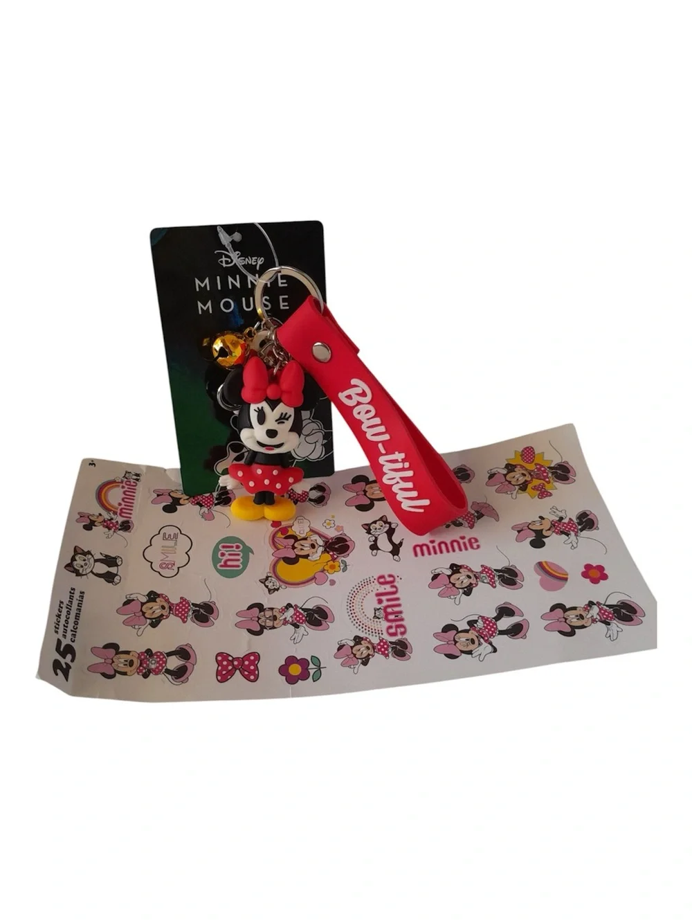 Disney Minnie Mouse 3D Keychain Wristlet Lanyard Bag Charm + 25 Stickers
